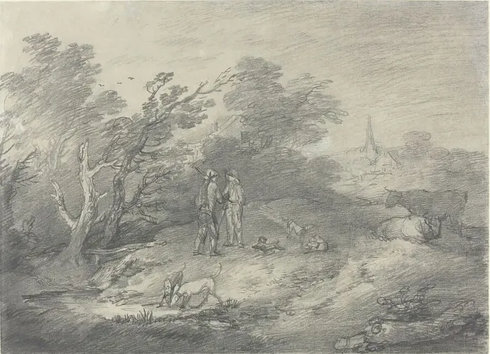 Framed Print : Woods Near a Village with Rabbit Catchers and Their Greyhounds, late 1750s. Creator: Thomas Gainsborough Framed Print : Woods Near a Village with Rabbit Catchers and Their Greyhounds, late 1750s. Creator: Thomas Gainsborough