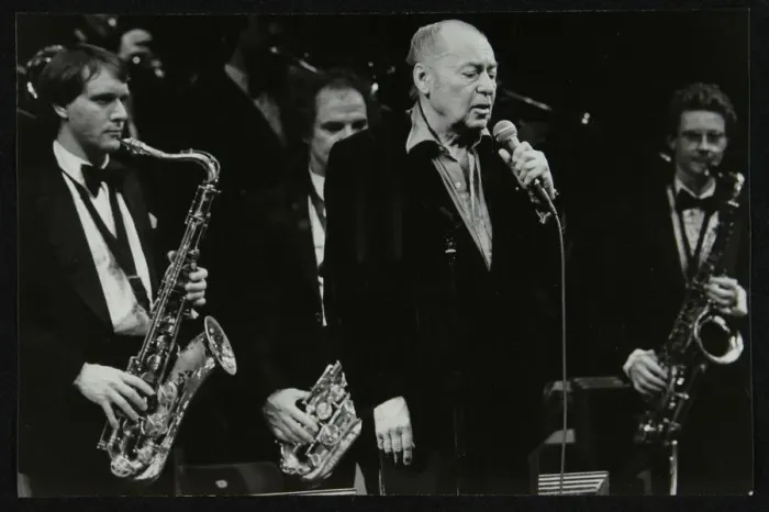 Framed Print : Woody Herman in concert at the Forum Theatre, Hatfield, Hertfordshire, 1983. Artist Framed Print : Woody Herman in concert at the Forum Theatre, Hatfield, Hertfordshire, 1983. Artist