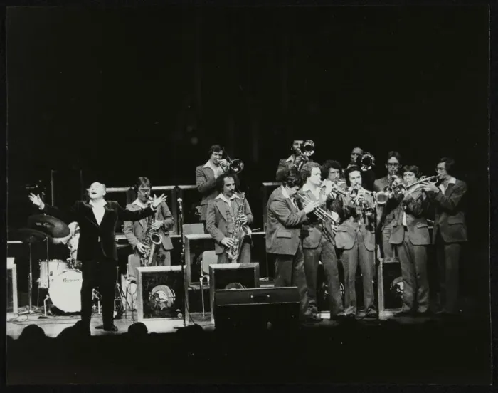 Framed Print : Woody Herman and his orchestra in concert at the Forum Theatre, Hatfield, Hertfordshire, 1980 Framed Print : Woody Herman and his orchestra in concert at the Forum Theatre, Hatfield, Hertfordshire, 1980