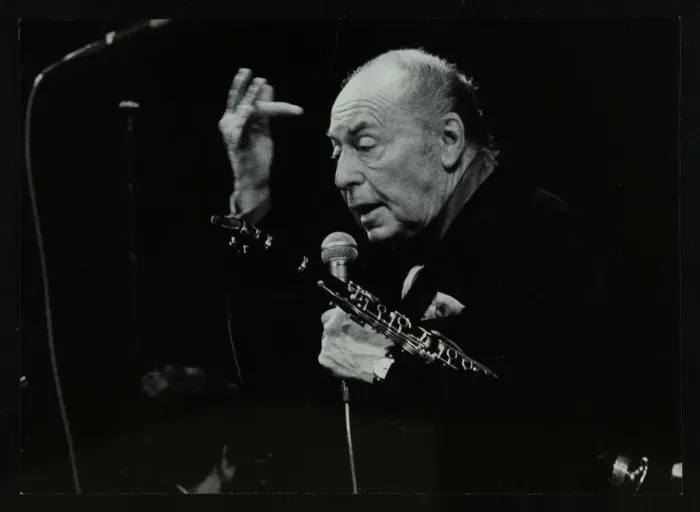 Framed Print : Woody Herman on stage at the Forum Theatre, Hatfield, Hertfordshire, 24 May 1983 Framed Print : Woody Herman on stage at the Forum Theatre, Hatfield, Hertfordshire, 24 May 1983