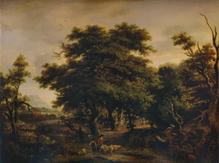 Framed Print : A Woody Landscape, with Figures and Sheep, c1805. Artist: Alexander Nasmyth Framed Print : A Woody Landscape, with Figures and Sheep, c1805. Artist: Alexander Nasmyth