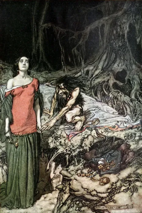 Framed Print : The wooing of Grimhilde, the mother of Hagen. Illustration for Siegfried and The Twilight of the Go Artist: Rackham, Arthur (1867-1939)
