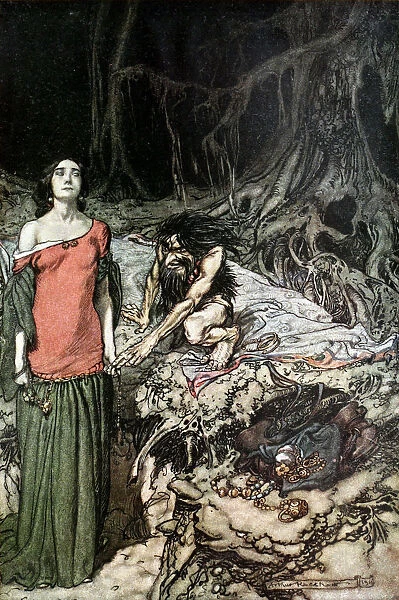 The wooing of Grimhilde, the mother of Hagen. Illustration for Siegfried and The Twilight of the Go Artist: Rackham, Arthur (1867-1939)