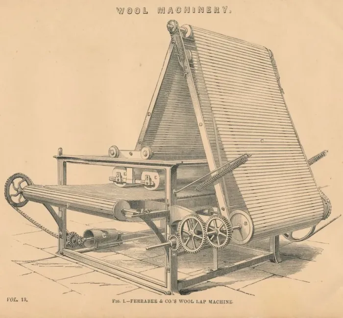 Framed Print : Wool Machinery: Ferrabee & Co.s Wool Lap Machine, c1880 Framed Print : Wool Machinery: Ferrabee & Co.s Wool Lap Machine, c1880