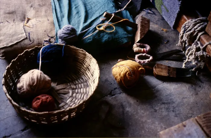 Framed Print : Wool yarns, Tibetan refugee carpet weaving project, Dharamsala, India, 1988. Creator: Amanda Waite Framed Print : Wool yarns, Tibetan refugee carpet weaving project, Dharamsala, India, 1988. Creator: Amanda Waite