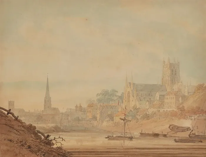 Framed Print : Worcester from the River Severn, about 1795. Creator: Edward Dayes Framed Print : Worcester from the River Severn, about 1795. Creator: Edward Dayes