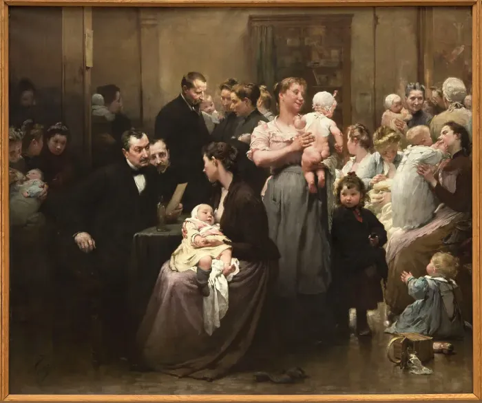 Framed Print : The work of a drop of milk at the Belleville Dispensary (triptych), 1903. Creator: Henry Jules Jean Geoffroy Framed Print : The work of a drop of milk at the Belleville Dispensary (triptych), 1903. Creator: Henry Jules Jean Geoffroy