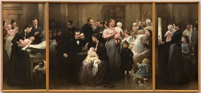 Framed Print : The work of a drop of milk at the Belleville Dispensary (triptych), 1903. Creator: Henry Jules Jean Geoffroy Framed Print : The work of a drop of milk at the Belleville Dispensary (triptych), 1903. Creator: Henry Jules Jean Geoffroy