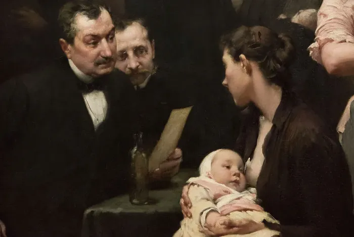 Framed Print : The work of a drop of milk at the Belleville Dispensary (triptych), 1903. Creator: Henry Jules Jean Geoffroy