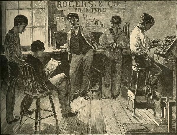 At Work in the Printing-Office, 1881. Creator: Unknown