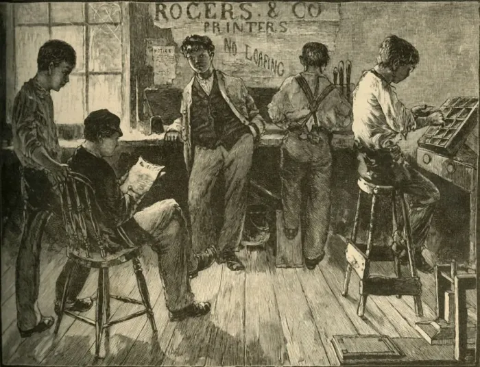 Framed Print : At Work in the Printing-Office, 1881. Creator: Unknown Framed Print : At Work in the Printing-Office, 1881. Creator: Unknown