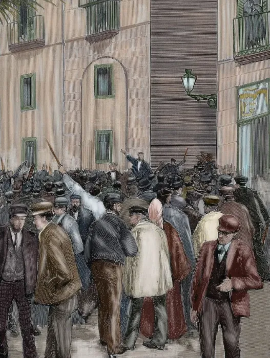 Framed Print : Workers demonstration outside the Captaincy General, Barcelona, Spain, 1890. Creator: Rico Framed Print : Workers demonstration outside the Captaincy General, Barcelona, Spain, 1890. Creator: Rico