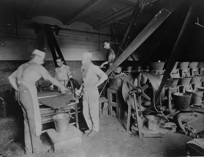 Framed Print : Workers grinding and processing the ink used to print paper money at the Bureau of Engrav... c1890. Creator: Frances Benjamin Johnston Framed Print : Workers grinding and processing the ink used to print paper money at the Bureau of Engrav... c1890. Creator: Frances Benjamin Johnston