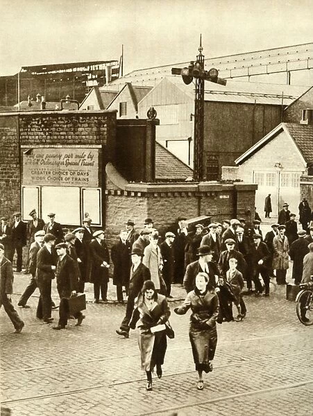 Workers leaving... after construction of Cunarder 534 was suspended, December 1931, (1935)