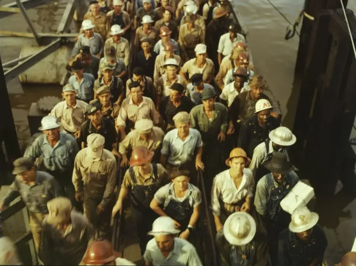 Framed Print : Workers leaving Pennsylvania shipyards, Beaumont, Texas, 1943. Creator: John Vachon Framed Print : Workers leaving Pennsylvania shipyards, Beaumont, Texas, 1943. Creator: John Vachon