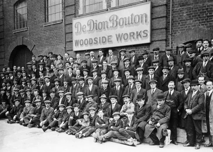 Framed Print : Workers outside the British De Dion Bouton works, early 1920s Framed Print : Workers outside the British De Dion Bouton works, early 1920s
