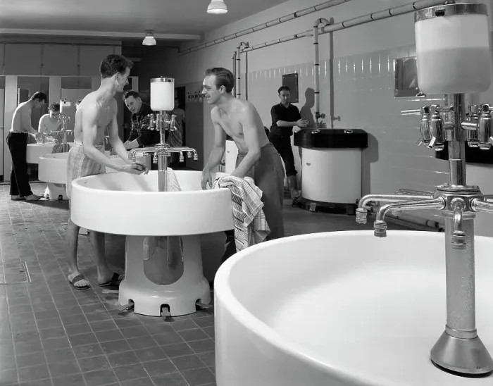 Framed Print : Workers in the washroom facility at a steelworks, Rotherham, South Yorkshire, 1964 Framed Print : Workers in the washroom facility at a steelworks, Rotherham, South Yorkshire, 1964