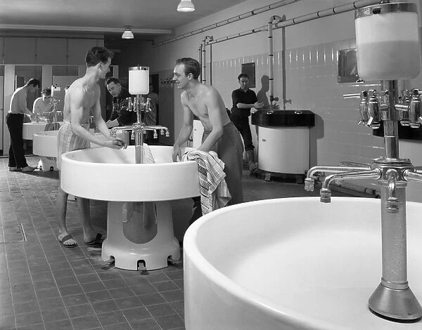 Workers in the washroom facility at a steelworks, Rotherham, South Yorkshire, 1964