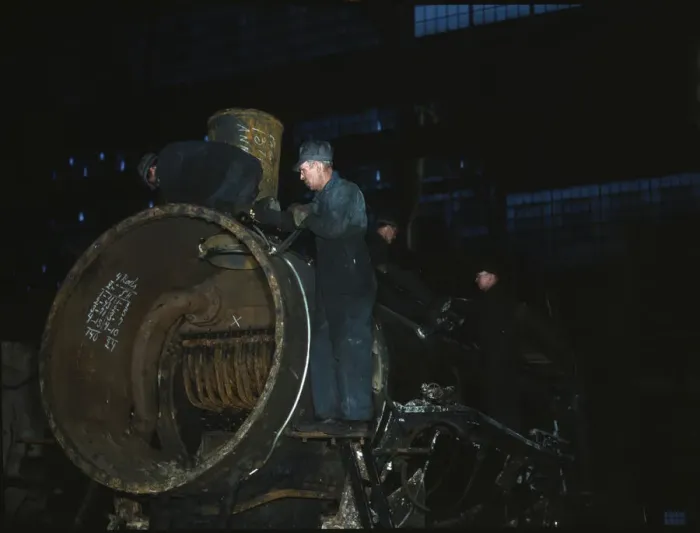 Framed Print : Working on the boiler of a locomotive at the 40th Street shops of the C & NW RR, Chicago, Ill. 1942 Creator: Jack Delano Framed Print : Working on the boiler of a locomotive at the 40th Street shops of the C & NW RR, Chicago, Ill. 1942 Creator: Jack Delano