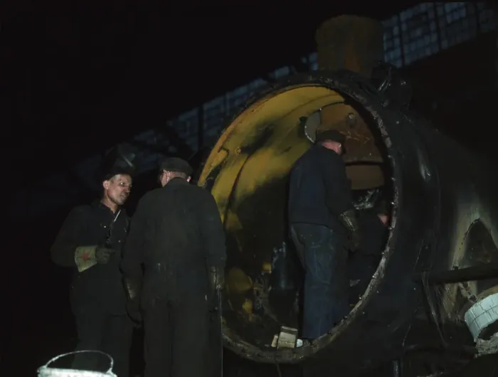 Framed Print : Working on the boiler of a locomotive at the 40th Street shops of the C & NW RR, Chicago, Ill. 1942 Creator: Jack Delano Framed Print : Working on the boiler of a locomotive at the 40th Street shops of the C & NW RR, Chicago, Ill. 1942 Creator: Jack Delano