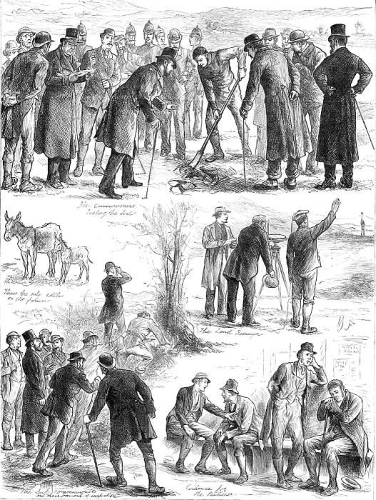Framed Print : Working of the Land Court in Ireland: Sub-Commissioners examining a farm, 1881. Creator: Unknown Framed Print : Working of the Land Court in Ireland: Sub-Commissioners examining a farm, 1881. Creator: Unknown