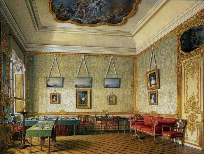 Framed Print : The Working or Small Study of Emperor Alexander I at the Great Palace in Tsarskoye Selo, 1875. Artist: Hau, Eduard (1807-1887) Framed Print : The Working or Small Study of Emperor Alexander I at the Great Palace in Tsarskoye Selo, 1875. Artist: Hau, Eduard (1807-1887)
