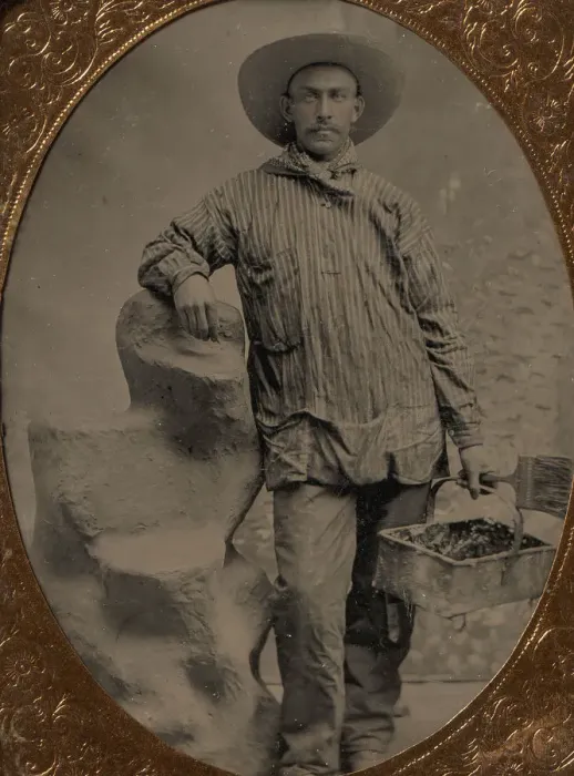 Framed Print : Workman Holding Brush and Rectangular Tray, Arm Resting on Fake Rock, 1860s-80s Framed Print : Workman Holding Brush and Rectangular Tray, Arm Resting on Fake Rock, 1860s-80s