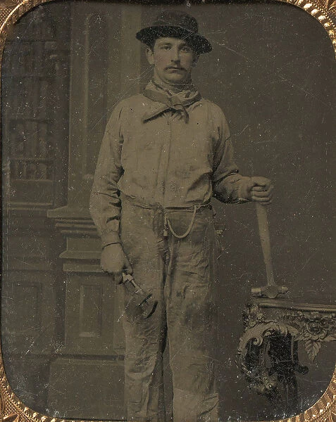 Workman Holding a Wrench and Hammer, 1860s. Creator: Unknown