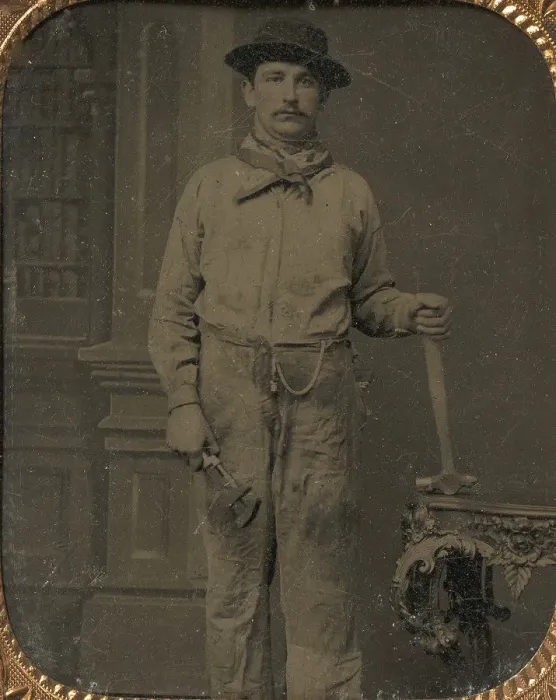 Framed Print : Workman Holding a Wrench and Hammer, 1860s. Creator: Unknown Framed Print : Workman Holding a Wrench and Hammer, 1860s. Creator: Unknown
