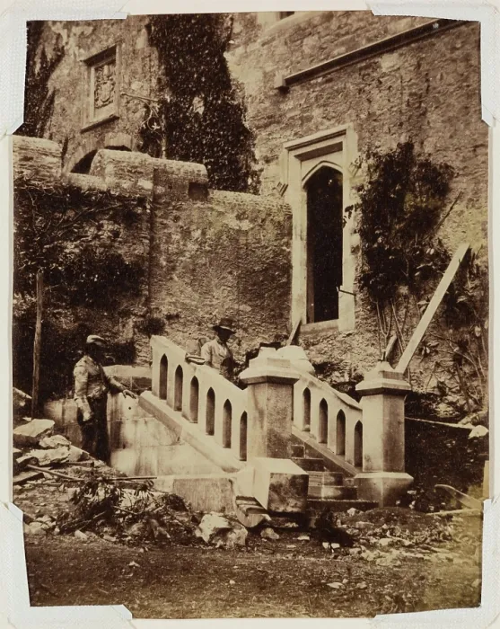 Framed Print : Two Workmen Constructing Exterior Stairs, c1870. Creator: Francis Edmund Currey