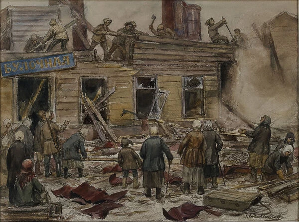 Workmen demolishing wooden houses for fuel, 1920