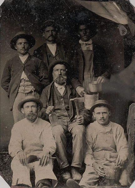 Six Workmen Holding Various Trade Tools: Paint Brushes, Bucket, Glass Bottle, and Ha