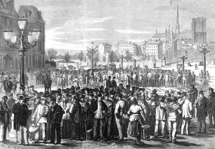 Framed Print : Workmen waiting to be engaged in the Place of the Hotel de Ville, Paris, 1869. Creator: Unknown Framed Print : Workmen waiting to be engaged in the Place of the Hotel de Ville, Paris, 1869. Creator: Unknown