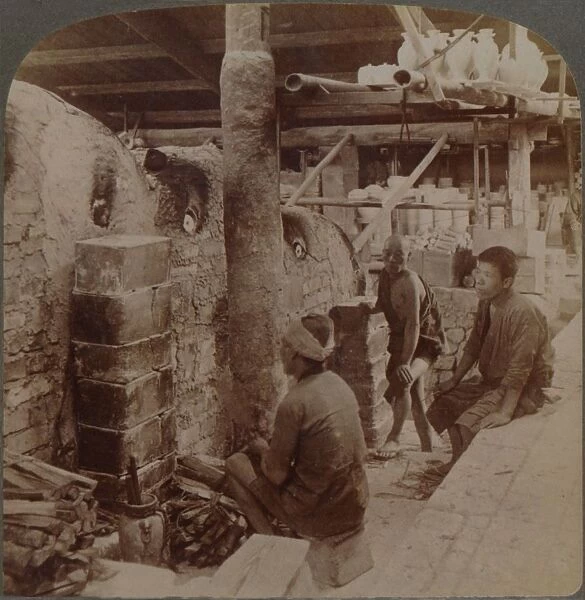 Workmen watching kilns of precious Awata porcelain, in Kinkosan works, Kyoto, Japan, 1904