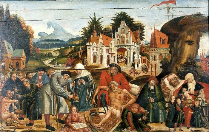 Framed Print : Works of mercy with Dives and Lazarus, c1550. Creator: Unknown Framed Print : Works of mercy with Dives and Lazarus, c1550. Creator: Unknown