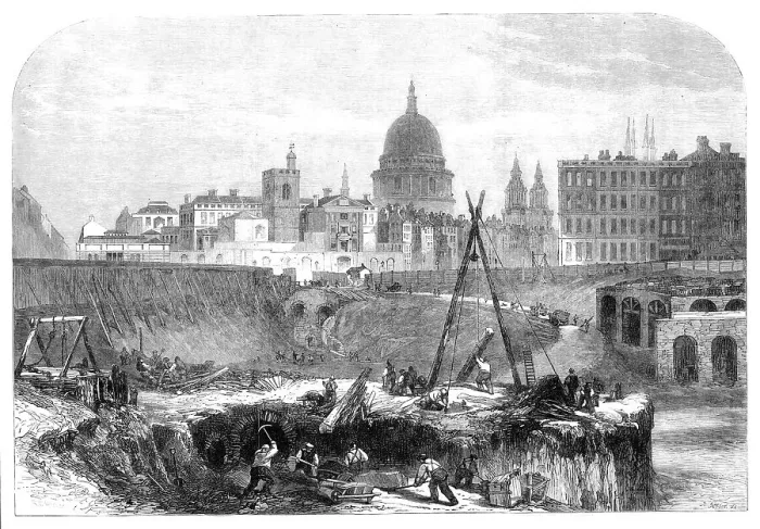 Framed Print : The works of the Metropolitan extension railway in Smithfield, 1864. Creator: Mason Jackson Framed Print : The works of the Metropolitan extension railway in Smithfield, 1864. Creator: Mason Jackson