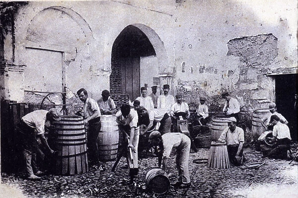 Workshop of handcrafted barrels construction for the wine industry, 1900