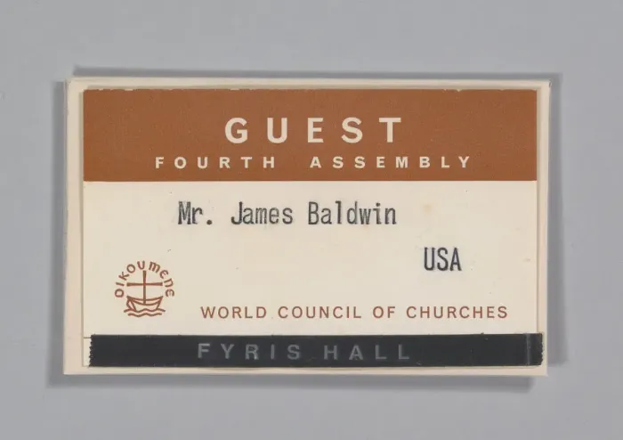 Framed Print : World Council of Churches guest badge for James Baldwin, July 1968. Creator: Unknown Framed Print : World Council of Churches guest badge for James Baldwin, July 1968. Creator: Unknown