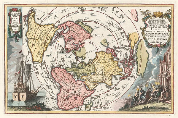 World map with Magellan?s circumnavigation (From Scherer?s Atlas novus), 1702-1703. Artist: Scherer, Heinrich (1628-1704)