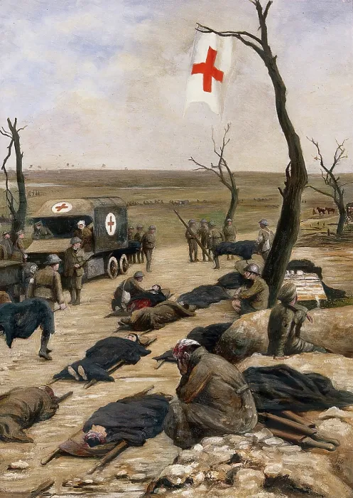 Framed Print : World War I: an advanced dressing-station by the roadside. Creator: Francis Barraud Framed Print : World War I: an advanced dressing-station by the roadside. Creator: Francis Barraud