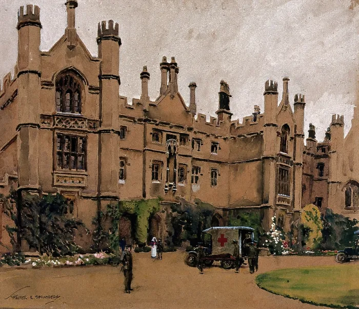 Framed Print : World War I: a neo-Gothic building used as a hospital, with an ambulance.. c1910s. Creator: Walter Ernest Spradbery Framed Print : World War I: a neo-Gothic building used as a hospital, with an ambulance.. c1910s. Creator: Walter Ernest Spradbery
