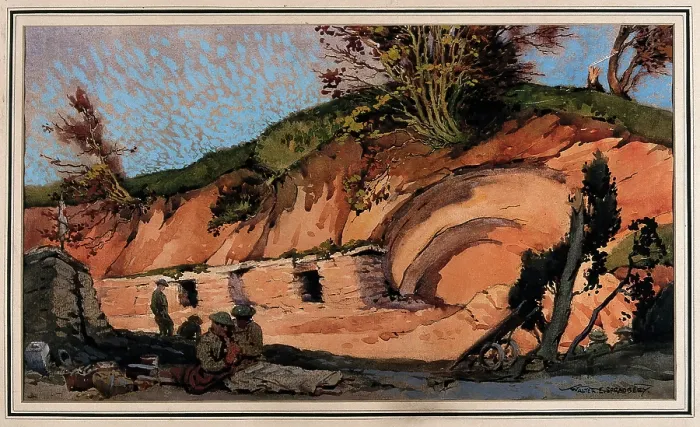 Framed Print : World War I: soldiers in front of a bunker shelter, c1910s. Creator: Walter Ernest Spradbery Framed Print : World War I: soldiers in front of a bunker shelter, c1910s. Creator: Walter Ernest Spradbery