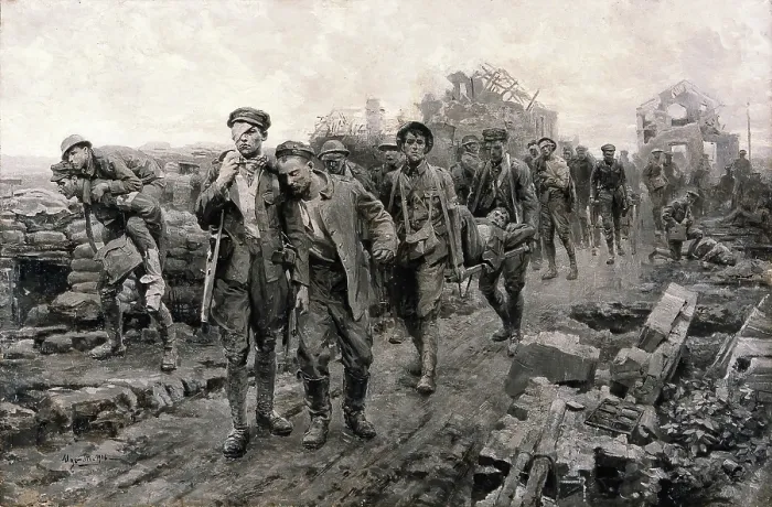 Framed Print : World War I: transport of the wounded. Creator: Ugo Matania Framed Print : World War I: transport of the wounded. Creator: Ugo Matania