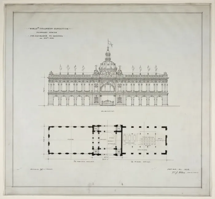 Framed Print : Worlds Colombian Exposition 64th Street Entrance, Chicago, Illinois, Plan and Elevation Framed Print : Worlds Colombian Exposition 64th Street Entrance, Chicago, Illinois, Plan and Elevation