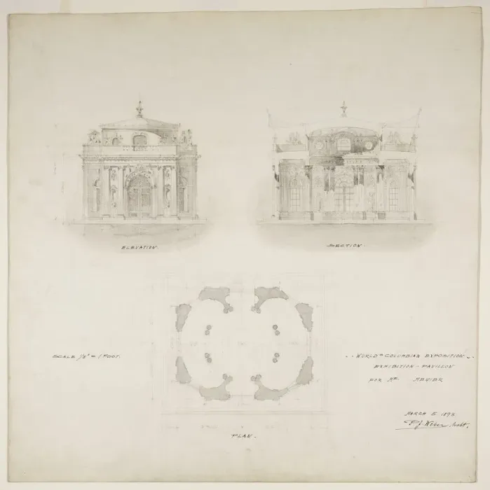 Framed Print : Worlds Colombian Exposition Chocolate-Menier Pavilion, Chicago, Plan, Elevation Framed Print : Worlds Colombian Exposition Chocolate-Menier Pavilion, Chicago, Plan, Elevation