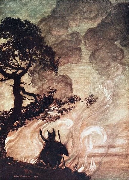 Wotan turns and looks sorrowfully back at Brunnhilde. Illustration for The Rhinegold and The Valkyr Artist: Rackham, Arthur (1867-1939)