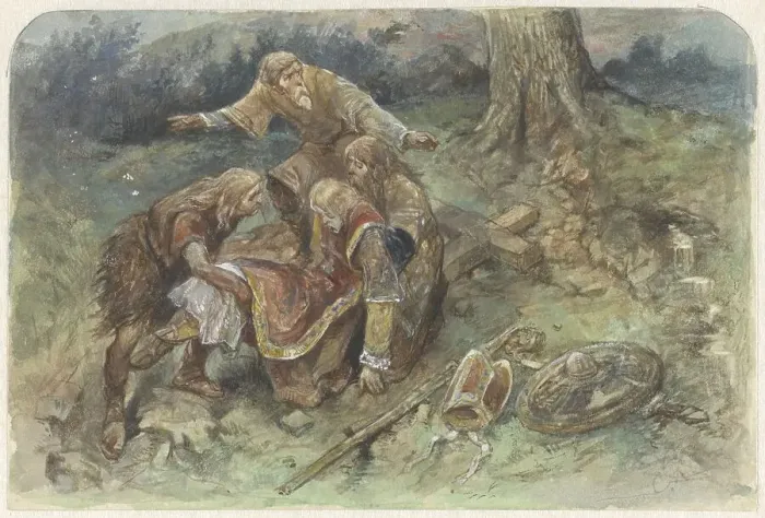 Framed Print : Wounded Adalbert is carried away, 1824-1894. Creator: Charles Rochussen Framed Print : Wounded Adalbert is carried away, 1824-1894. Creator: Charles Rochussen