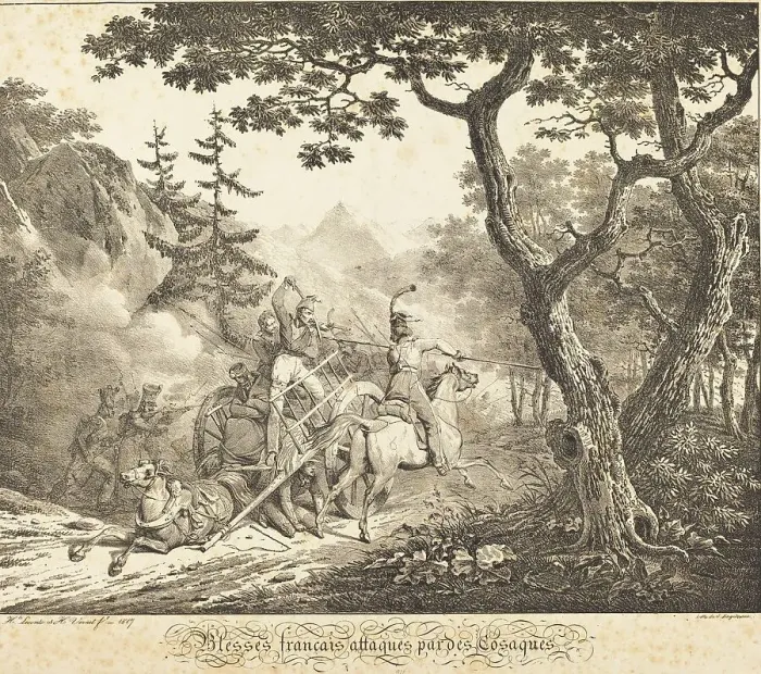 Framed Print : Wounded French Attacked by a Cossack, 1817. Creators: Emile Jean-Horace Vernet, Hippolyte Lecomte Framed Print : Wounded French Attacked by a Cossack, 1817. Creators: Emile Jean-Horace Vernet, Hippolyte Lecomte
