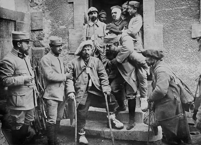 Framed Print : Wounded French leaving hospital, 1917. Creator: Bain News Service Framed Print : Wounded French leaving hospital, 1917. Creator: Bain News Service