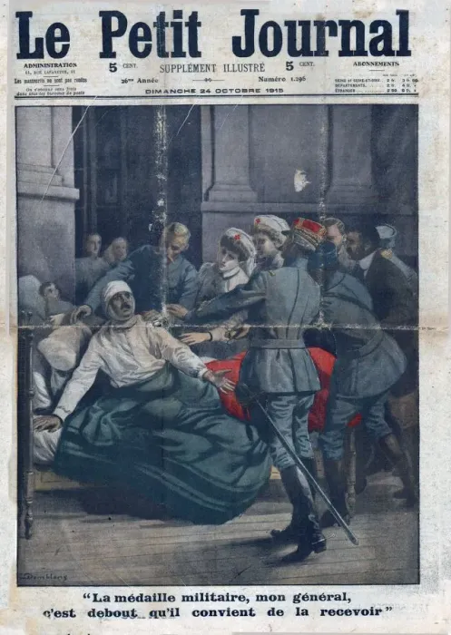 Framed Print : A wounded man attempts to stand up to receive his medal, 1915. Creator: Unknown Framed Print : A wounded man attempts to stand up to receive his medal, 1915. Creator: Unknown